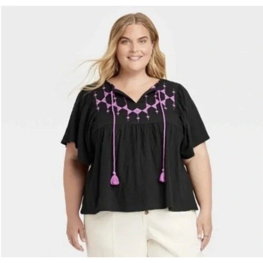 Knox Rose Shirt Womens XXL Black Magenta Flutter Short Sleeve Embroidered Top